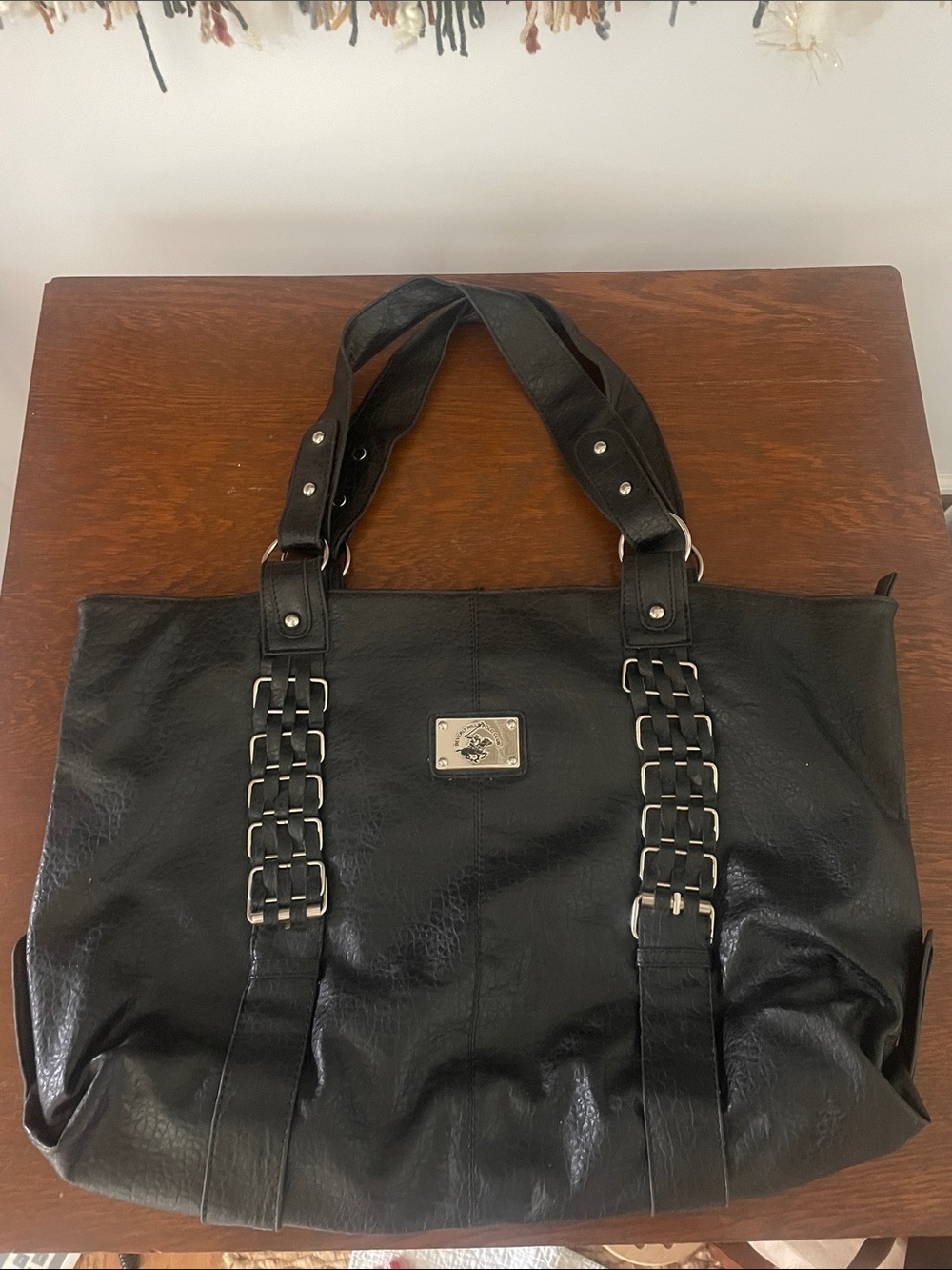 Black Faux Leather Tote with Chain-Link Straps like new Beverly Hills polo club